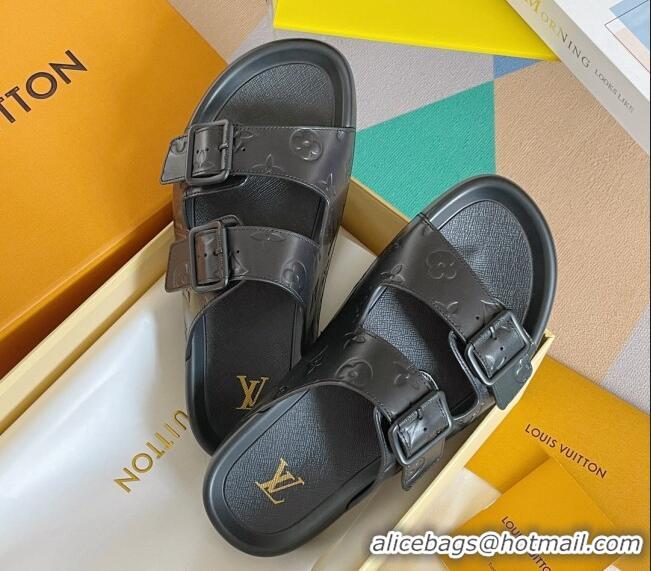 Luxury Discount Louis Vuitton LV Trainer Flat Slide Sandals in Black Monogram Leather 0228108