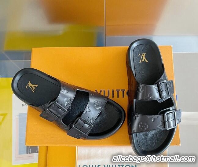 Luxury Discount Louis Vuitton LV Trainer Flat Slide Sandals in Black Monogram Leather 0228108