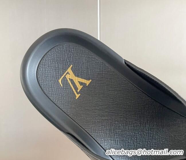 Luxury Discount Louis Vuitton LV Trainer Flat Slide Sandals in Black Monogram Leather 0228108