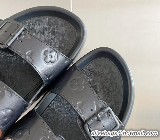 Luxury Discount Louis Vuitton LV Trainer Flat Slide Sandals in Black Monogram Leather 0228108