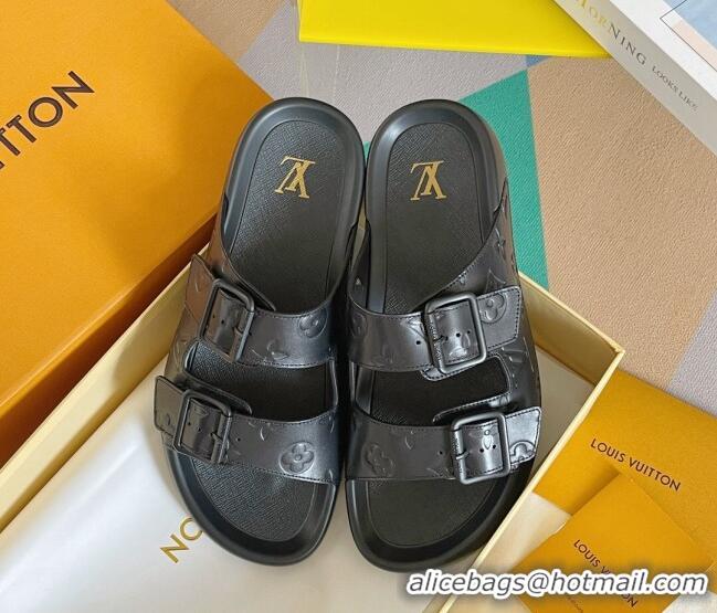 Luxury Discount Louis Vuitton LV Trainer Flat Slide Sandals in Black Monogram Leather 0228108