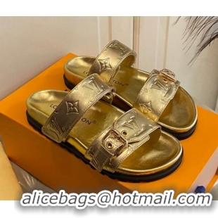 Best Price Louis Vuitton Bom Dia Flat Comfort Slide Sandals in Gold Monogram Metallic Leather 030301