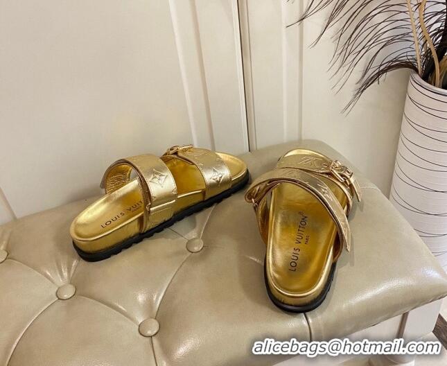 Best Price Louis Vuitton Bom Dia Flat Comfort Slide Sandals in Gold Monogram Metallic Leather 030301