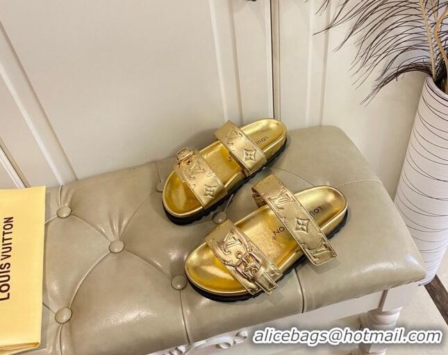 Best Price Louis Vuitton Bom Dia Flat Comfort Slide Sandals in Gold Monogram Metallic Leather 030301