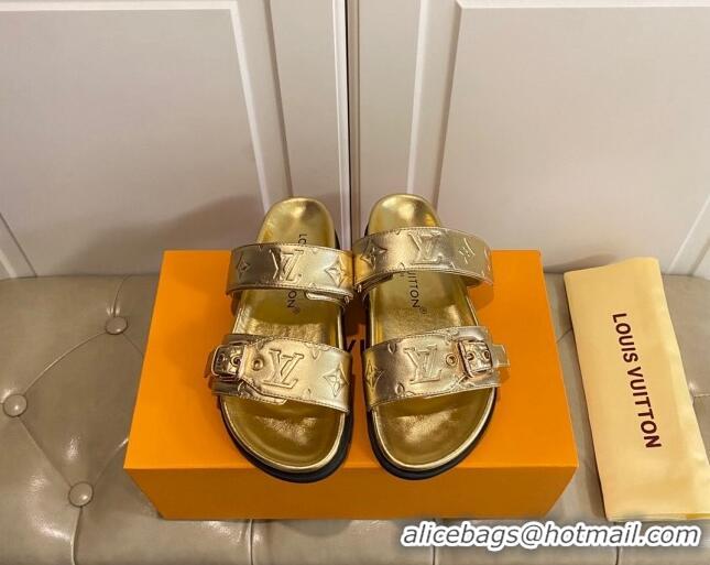 Best Price Louis Vuitton Bom Dia Flat Comfort Slide Sandals in Gold Monogram Metallic Leather 030301