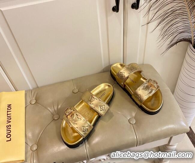 Best Price Louis Vuitton Bom Dia Flat Comfort Slide Sandals in Gold Monogram Metallic Leather 030301