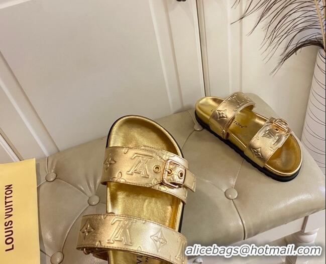 Best Price Louis Vuitton Bom Dia Flat Comfort Slide Sandals in Gold Monogram Metallic Leather 030301