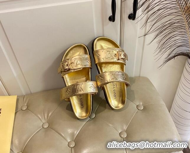 Best Price Louis Vuitton Bom Dia Flat Comfort Slide Sandals in Gold Monogram Metallic Leather 030301