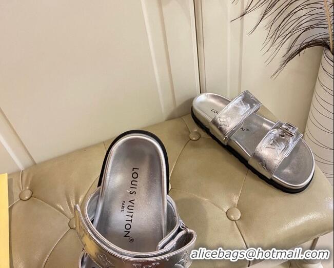 Good Product Louis Vuitton Bom Dia Flat Comfort Slide Sandals in Silver Monogram Metallic Leather 030303