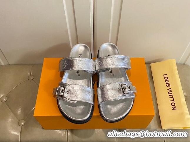 Good Product Louis Vuitton Bom Dia Flat Comfort Slide Sandals in Silver Monogram Metallic Leather 030303