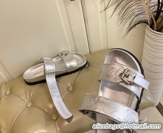 Good Product Louis Vuitton Bom Dia Flat Comfort Slide Sandals in Silver Monogram Metallic Leather 030303