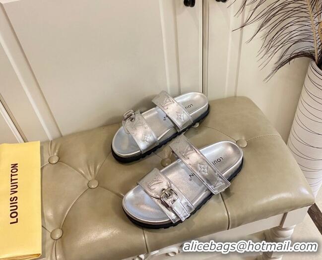 Good Product Louis Vuitton Bom Dia Flat Comfort Slide Sandals in Silver Monogram Metallic Leather 030303