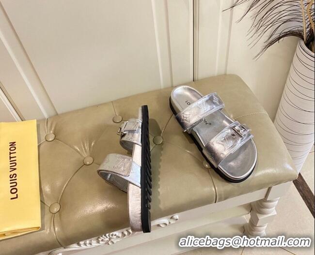 Good Product Louis Vuitton Bom Dia Flat Comfort Slide Sandals in Silver Monogram Metallic Leather 030303