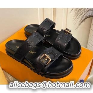 Good Quality Louis Vuitton Bom Dia Flat Comfort Slide Sandals in Black Monogram Leather 030304