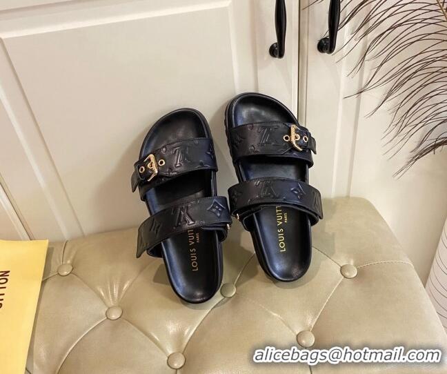 Good Quality Louis Vuitton Bom Dia Flat Comfort Slide Sandals in Black Monogram Leather 030304