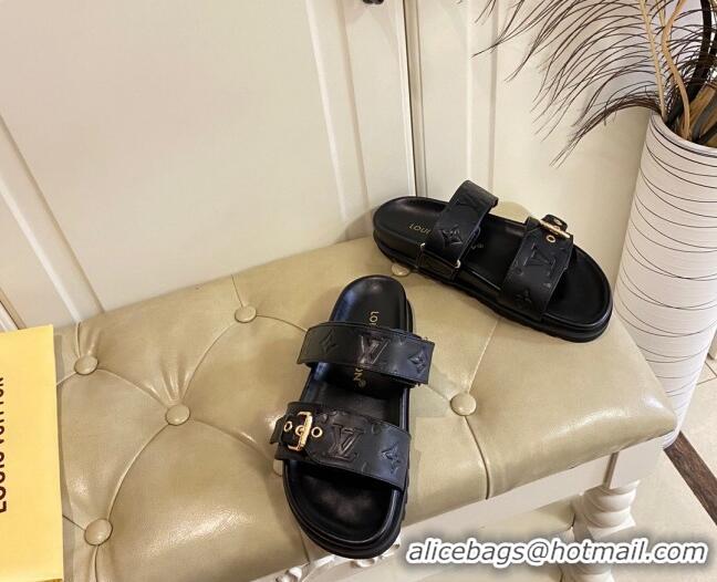 Good Quality Louis Vuitton Bom Dia Flat Comfort Slide Sandals in Black Monogram Leather 030304