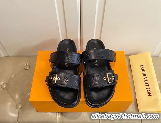 Good Quality Louis Vuitton Bom Dia Flat Comfort Slide Sandals in Black Monogram Leather 030304