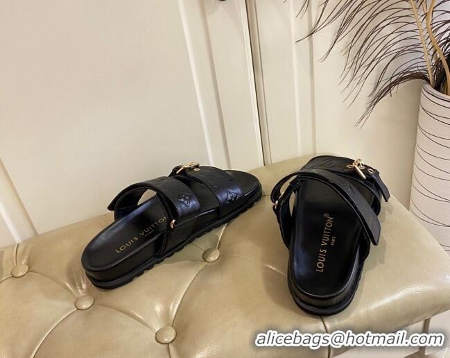 Good Quality Louis Vuitton Bom Dia Flat Comfort Slide Sandals in Black Monogram Leather 030304