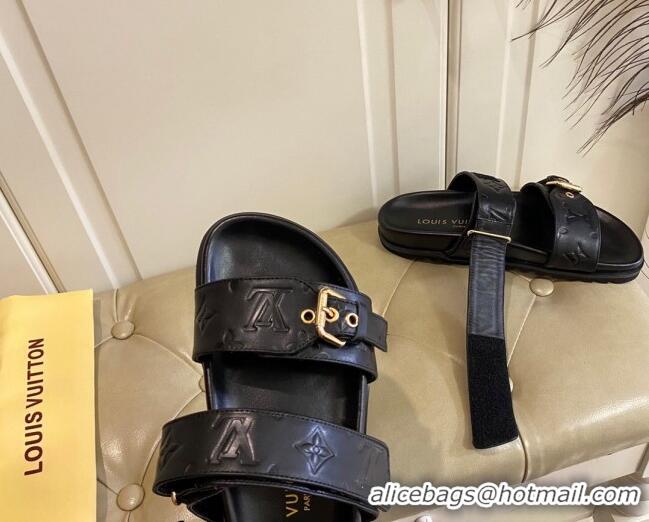 Good Quality Louis Vuitton Bom Dia Flat Comfort Slide Sandals in Black Monogram Leather 030304