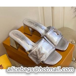 Luxury Louis Vuitton Shake Slide Sandals 5.5cm in Silver Metallic Leather with Crystal LV Twist 030305