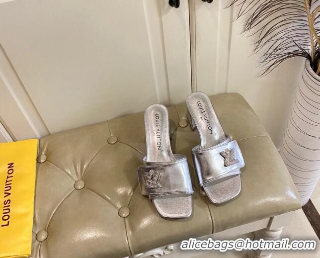 Luxury Louis Vuitton Shake Slide Sandals 5.5cm in Silver Metallic Leather with Crystal LV Twist 030305