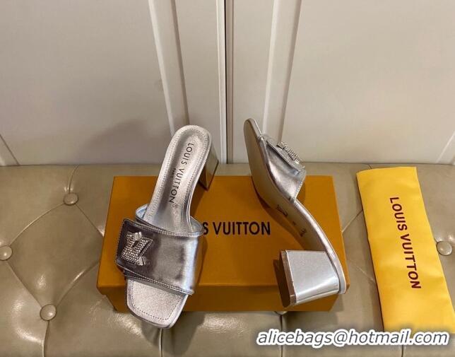 Luxury Louis Vuitton Shake Slide Sandals 5.5cm in Silver Metallic Leather with Crystal LV Twist 030305