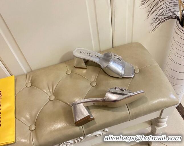 Luxury Louis Vuitton Shake Slide Sandals 5.5cm in Silver Metallic Leather with Crystal LV Twist 030305