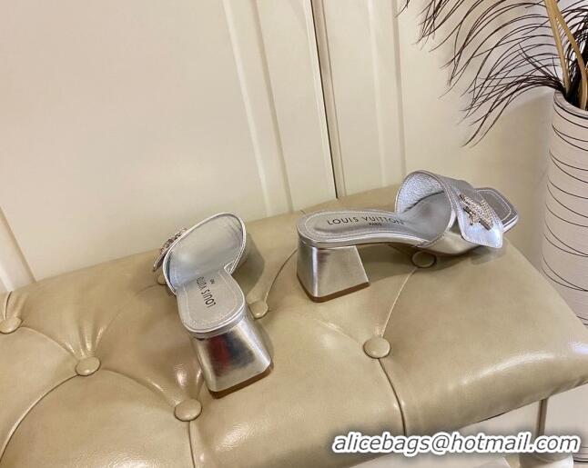 Luxury Louis Vuitton Shake Slide Sandals 5.5cm in Silver Metallic Leather with Crystal LV Twist 030305