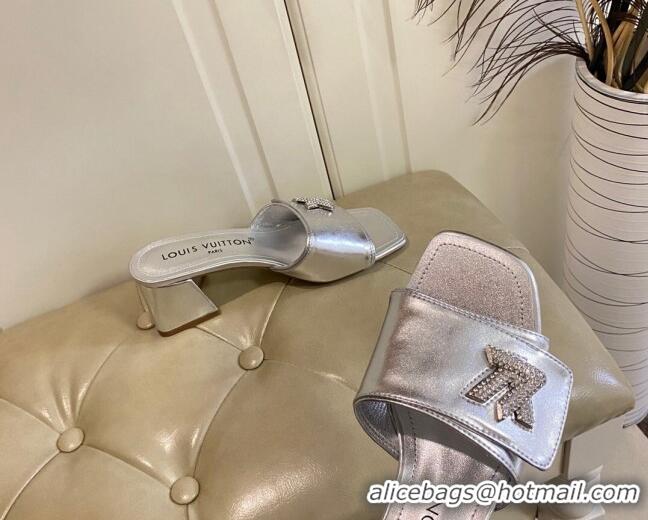 Luxury Louis Vuitton Shake Slide Sandals 5.5cm in Silver Metallic Leather with Crystal LV Twist 030305