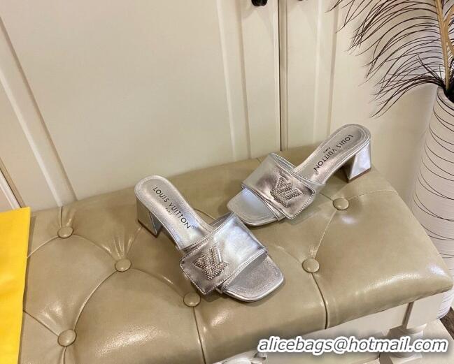 Luxury Louis Vuitton Shake Slide Sandals 5.5cm in Silver Metallic Leather with Crystal LV Twist 030305