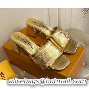 Grade Louis Vuitton Shake Slide Sandals 5.5cm in Gold Metallic Leather with Crystal LV Twist 030306