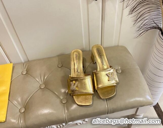 Grade Louis Vuitton Shake Slide Sandals 5.5cm in Gold Metallic Leather with Crystal LV Twist 030306