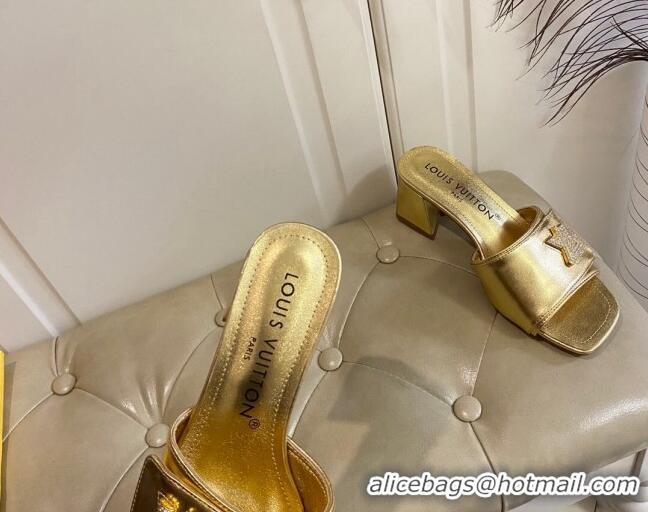 Grade Louis Vuitton Shake Slide Sandals 5.5cm in Gold Metallic Leather with Crystal LV Twist 030306