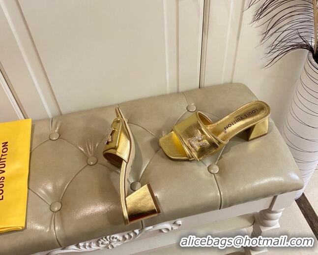 Grade Louis Vuitton Shake Slide Sandals 5.5cm in Gold Metallic Leather with Crystal LV Twist 030306