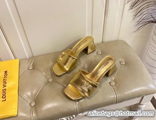 Grade Louis Vuitton Shake Slide Sandals 5.5cm in Gold Metallic Leather with Crystal LV Twist 030306