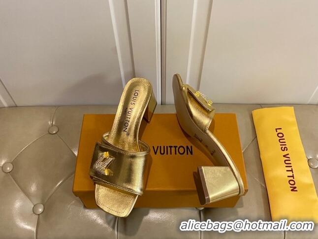 Grade Louis Vuitton Shake Slide Sandals 5.5cm in Gold Metallic Leather with Crystal LV Twist 030306