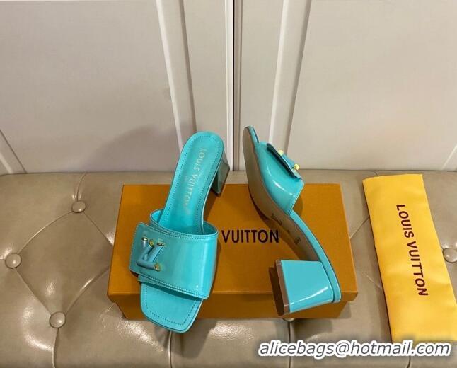 Stylish Louis Vuitton Shake Slide Sandals 5.5cm in Light Blue Patent Leather with LV Twist 030311