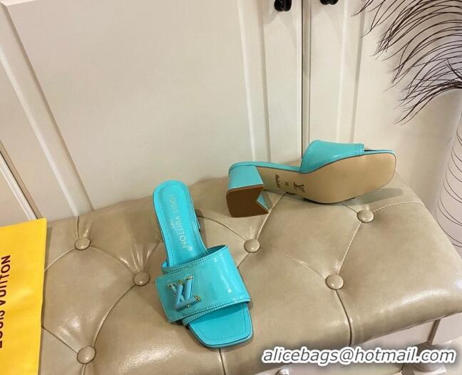 Stylish Louis Vuitton Shake Slide Sandals 5.5cm in Light Blue Patent Leather with LV Twist 030311