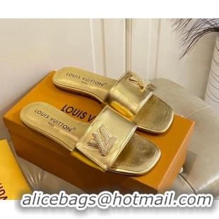 Good Looking Louis Vuitton Shake Flat Slide Sandals in Gold Metallic Leather with Crystal LV Twist 030314