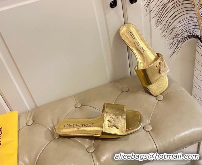 Good Looking Louis Vuitton Shake Flat Slide Sandals in Gold Metallic Leather with Crystal LV Twist 030314