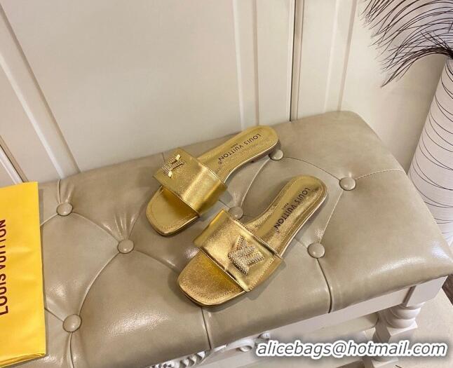 Good Looking Louis Vuitton Shake Flat Slide Sandals in Gold Metallic Leather with Crystal LV Twist 030314