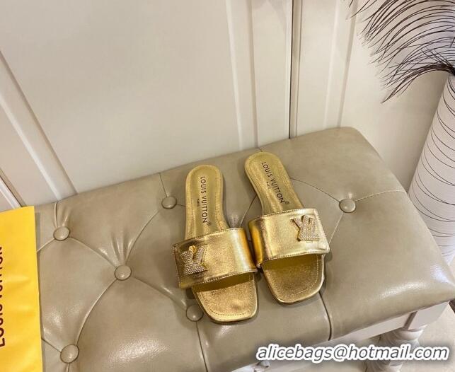 Good Looking Louis Vuitton Shake Flat Slide Sandals in Gold Metallic Leather with Crystal LV Twist 030314