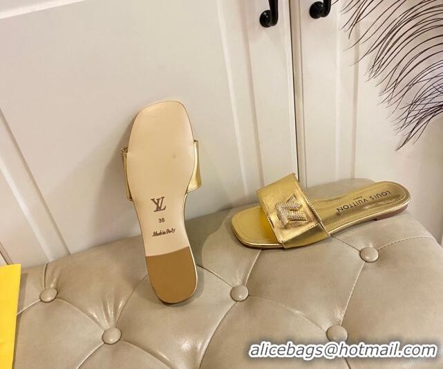 Good Looking Louis Vuitton Shake Flat Slide Sandals in Gold Metallic Leather with Crystal LV Twist 030314