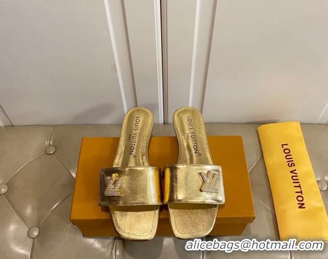 Good Looking Louis Vuitton Shake Flat Slide Sandals in Gold Metallic Leather with Crystal LV Twist 030314