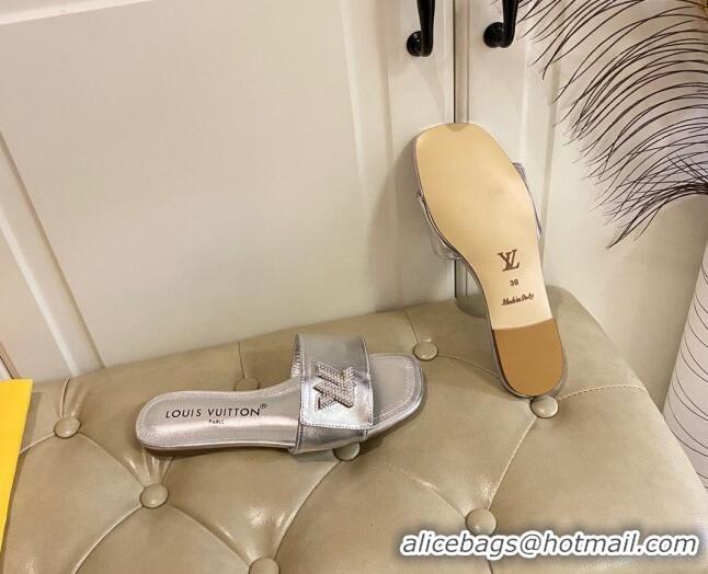 Perfect Louis Vuitton Shake Flat Slide Sandals in Silver Metallic Leather with Crystal LV Twist 030315