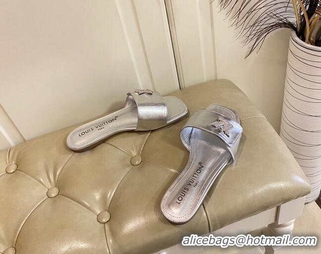 Perfect Louis Vuitton Shake Flat Slide Sandals in Silver Metallic Leather with Crystal LV Twist 030315