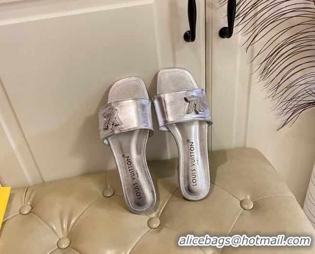 Perfect Louis Vuitton Shake Flat Slide Sandals in Silver Metallic Leather with Crystal LV Twist 030315