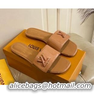 Good Quality Louis Vuitton Shake Flat Slide Sandals in Brown Patent Leather with LV Twist 030317