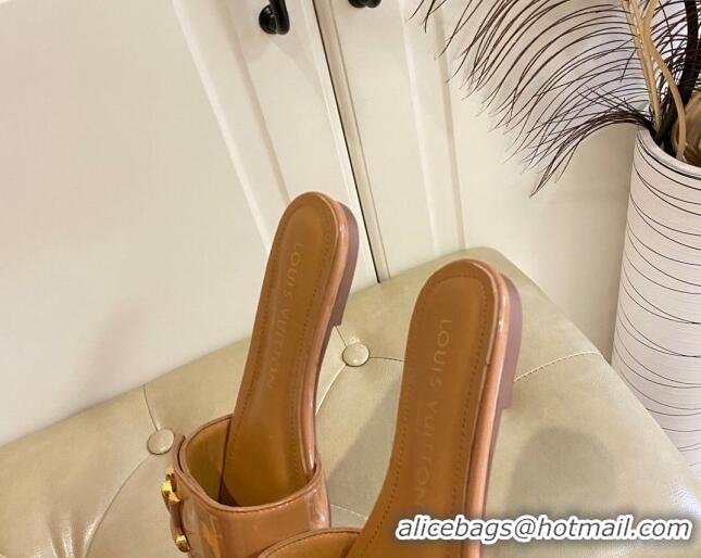 Good Quality Louis Vuitton Shake Flat Slide Sandals in Brown Patent Leather with LV Twist 030317