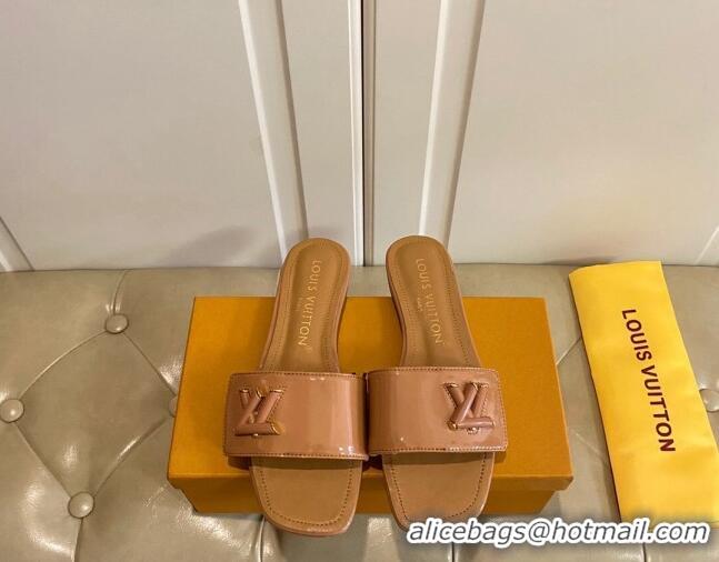 Good Quality Louis Vuitton Shake Flat Slide Sandals in Brown Patent Leather with LV Twist 030317